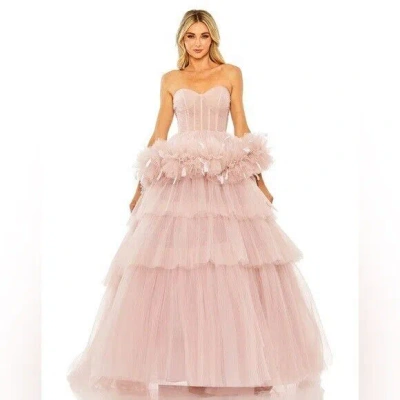 Pre-owned Mac Duggal 20572 Strapless Tulle Gown With Feather Detail Size 6 Rose In Pink