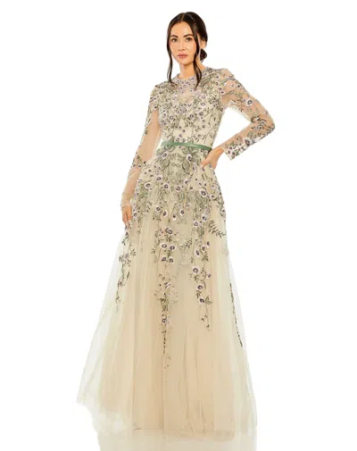 Mac Duggal 20580 Long Sleeve Formal A Line Evening Gown In Brown
