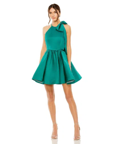 Mac Duggal Brocade Halter Bow Neck Sleeveless Full Skirt Mini Dress In Emerald In Green