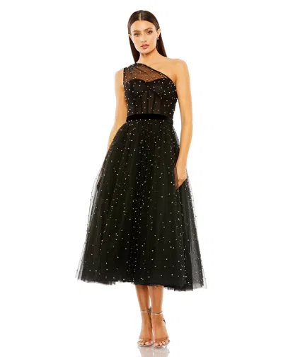 Mac Duggal Imitation Pearl Detail One-shoulder Cocktail Midi Dress In Black