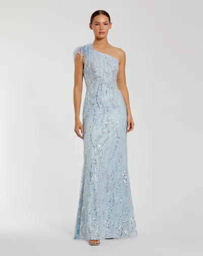Mac Duggal Feathered One Shoulder Embroidered Applique Gown In Powder Blue