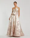 Mac Duggal Brocade Strapless Floral Gown With Bow Detail In Neutral