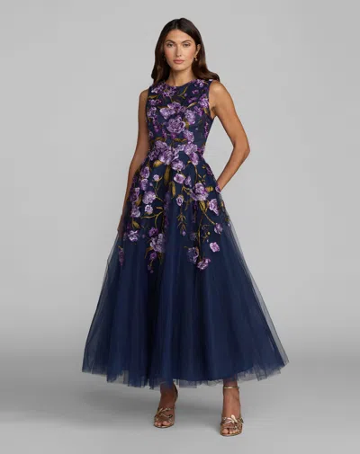 Mac Duggal Floral-embroidered Tulle Tea-length Cocktail Dress In Multi