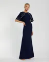 Mac Duggal Crepe High Neck Fitted Gown With Beaded Shawl In Blue