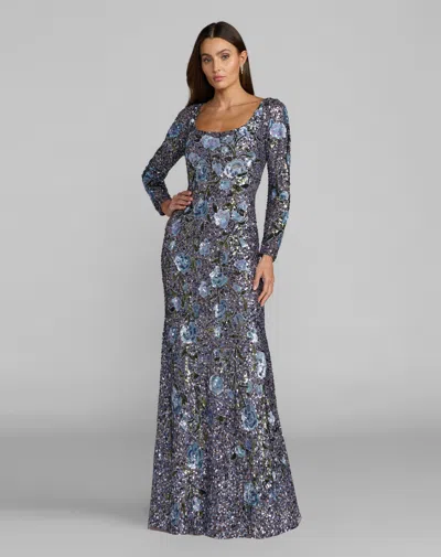 Mac Duggal Floral Beaded Mesh Long Sleeve Square Neck Gown In Animal Print