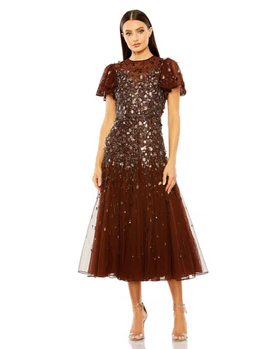Mac Duggal 24018 Formal A Line Beaded Tea Length Dress In Brown