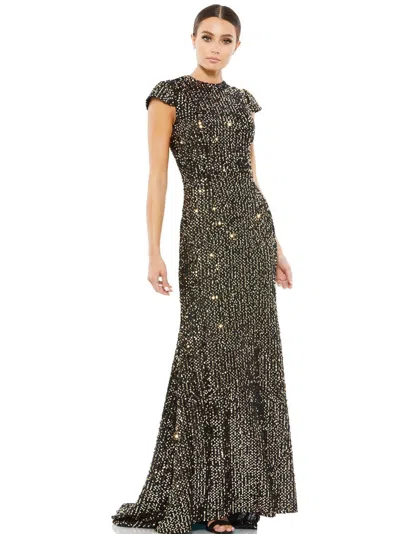 Mac Duggal Sequined Cap Sleeve High Neck Gown In Black Gold