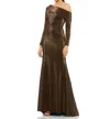 Mac Duggal Metallic One Shoulder Long Sleeve Trumpet Gown In Gold
