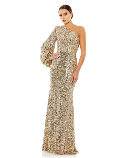 Mac Duggal Purple Sequined One Shoulder Bishop Sleeve Trumpet Gown In Neutral