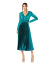 Mac Duggal Pleated Satin Charmeuse Dress With Long Sleeves In Green