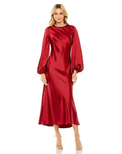 Mac Duggal 27350 Long Sleeve Satin Tea Length Dress In Red