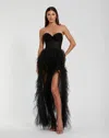 Mac Duggal Strapless Bustier Net Gown With Spiral Ruffles In Black