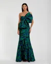 Mac Duggal Strapless Brocade Oversized Bow With Ruffle Fitted Gown In Green
