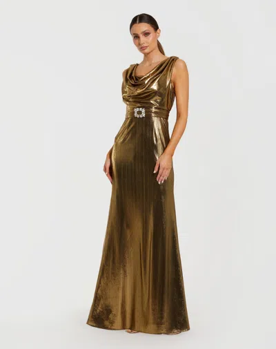Mac Duggal Metallic Sleeveless Cowl Neck Trumpet Gown With Belt In Gold