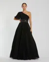 Mac Duggal Pleated Shimmering Georgette One Shoulder Gown In Black
