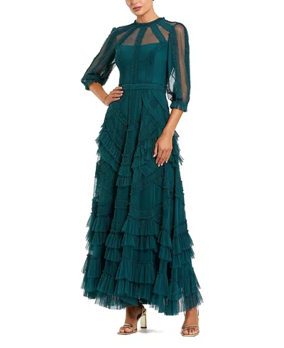 Mac Duggal 3/4 Puff Sleeve Mesh Mirco Ruffle Gown In Blue