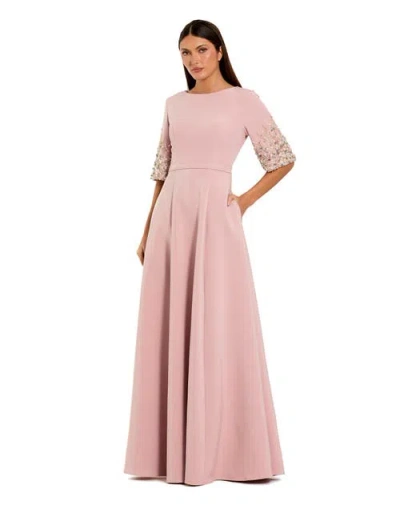 Mac Duggal 3/4 Sleeve Crepe Gown With Sleeve Embellishments In Pink