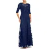 Mac Duggal 3/4 Sleeve High Neck Embroidered A Line Gown In Blue