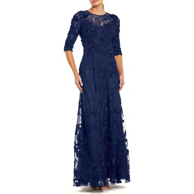 Mac Duggal 3/4 Sleeve High Neck Embroidered A Line Gown In Blue