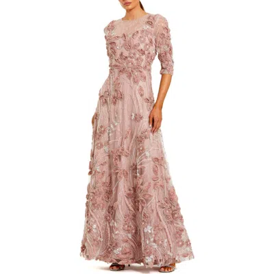 Mac Duggal 3/4 Sleeve High Neck Embroidered A-line Gown In Pink