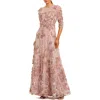 Mac Duggal 3/4 Sleeve High Neck Embroidered A-line Gown In Pink
