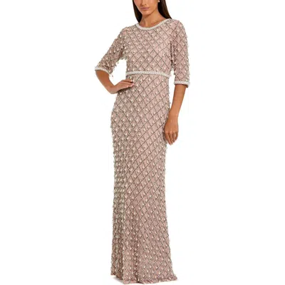 Mac Duggal 3/4 Sleeve Pearl Embellished Mesh Gown In Pink
