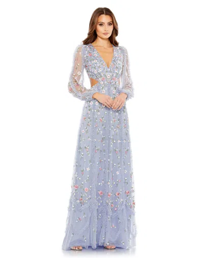 Mac Duggal Long Blouson Sleeve Floral Embroidery Cut Out A-line Gown In Blue