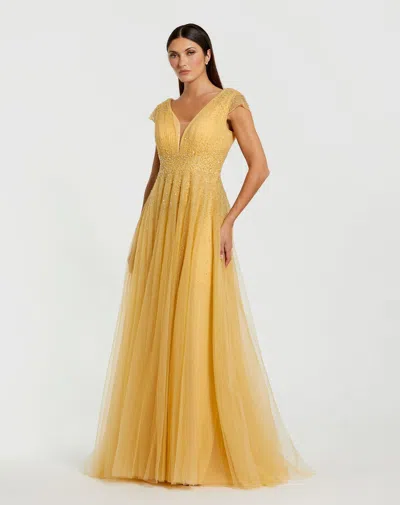 Mac Duggal 37018 Long Formal A Line Beaded Evening Dress In Gold