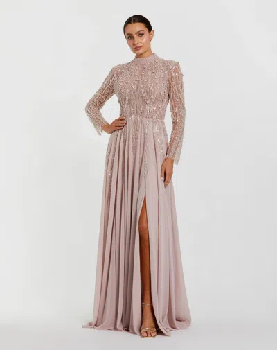 Mac Duggal Long Sleeve High Neck Embellished Satin Gown In Pink