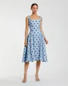 Mac Duggal Polka Dot A-line Midi Dress With Square Neck And Ruffle Gussets In Blue