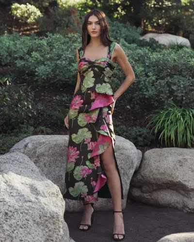 Mac Duggal 37095 Floral Print Formal Ruffle Slit Tea Length Dress In Multi