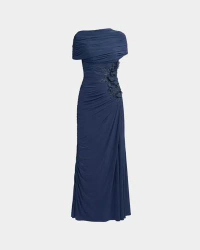 Mac Duggal 3d Floral Beaded Asymmetric Gown In Blue