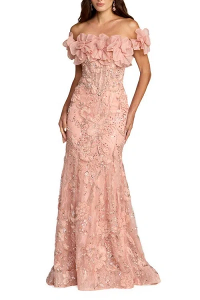 Mac Duggal 3d Floral Embellished Off The Shoulder Mermaid Gown In Neutral
