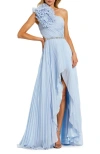 Mac Duggal 3d Floral One Shoulder Pleated Chiffon High Low Gown In Powder Blue