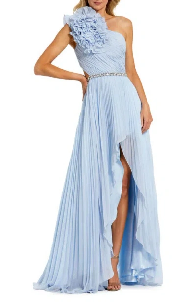 Mac Duggal 3d Floral One Shoulder Pleated Chiffon High Low Gown In Powder Blue
