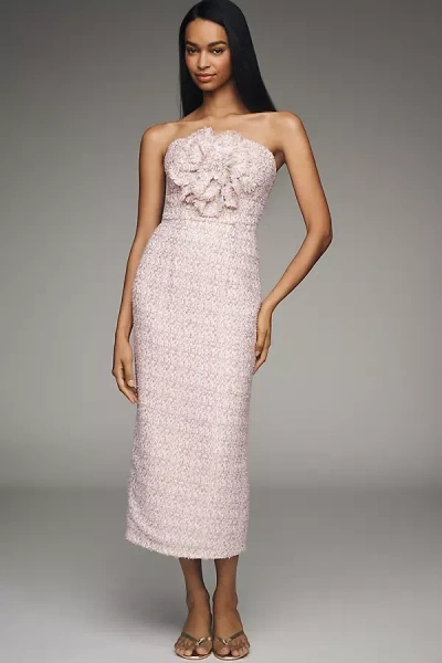 Mac Duggal Boucle Strapless Midi Dress With 3d Flower In Pink