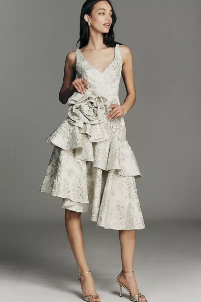 Mac Duggal 3d Floral Tiered Brocade Midi Dress In White