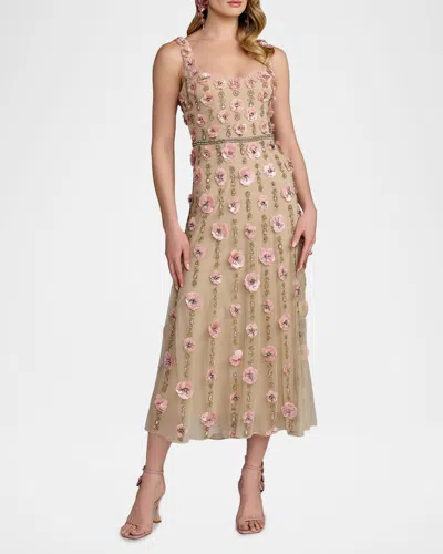 Mac Duggal 3d Floral-embellished Midi-dress In Brown