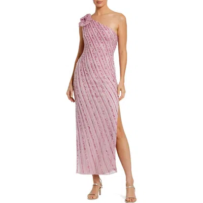 Mac Duggal 3d Flower Detail One Shoulder Beaded Mesh Gown In Orchid