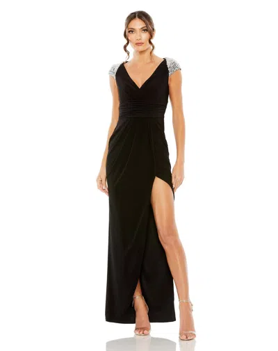 Mac Duggal V-neck Embellished Cap Sleeve Faux Wrap Slit Gown In Black