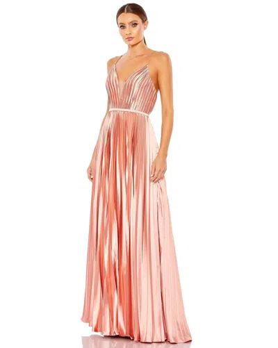 Mac Duggal Pleated Illusion Plunge Neck A Line Gown In Pink