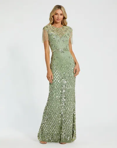 Mac Duggal High Neck Sleeveless Beaded Fringe Fitted Gown In Sage