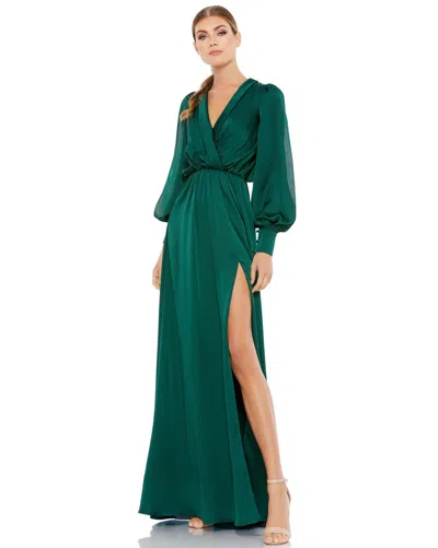 Mac Duggal Satin Dress With Cinched Waist And Thigh-high Slit In Green