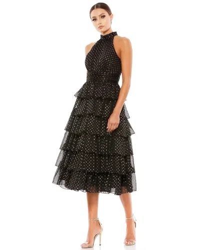 Mac Duggal High-neck Tiered Dotted Midi-dress In Black Gold