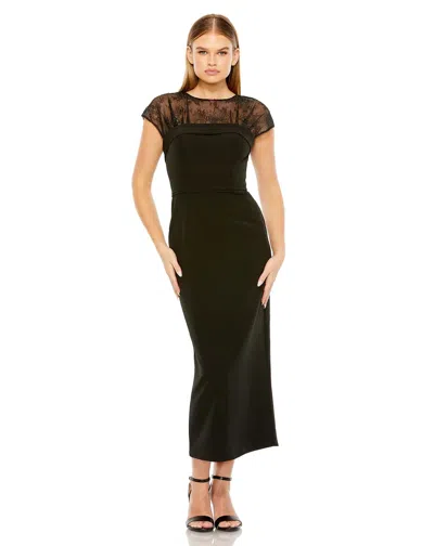 Mac Duggal 49799 Sheer Lace Top Crepe Midi Dress In Black