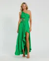 Mac Duggal One Shoulder Pleated Charmeuse Gown With Slit In Green