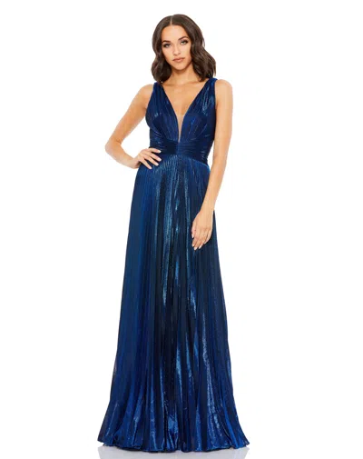 Mac Duggal 50640 Long Pleated Formal Metallic Prom Dress In Blue