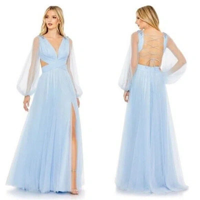 Pre-owned Mac Duggal 50662 Tulle Puff Sleeve Cut Out Lace Up A-line Gown Size 0 Blue