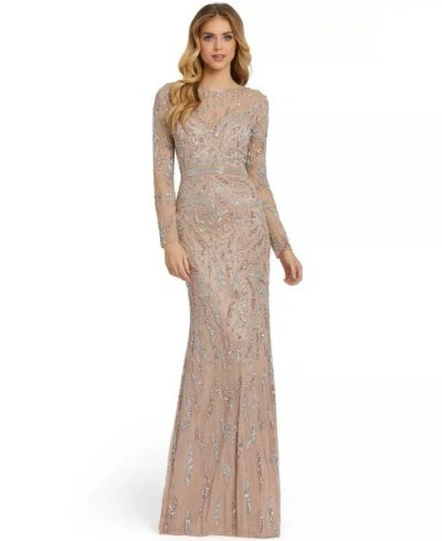Pre-owned Mac Duggal 5124 Embellished Illusion Long Sleeve Gown - Size 10 - Retail $599 In Beige
