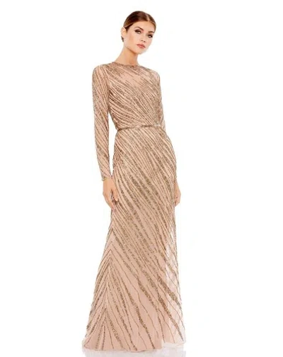 Pre-owned Mac Duggal 5240 Beaded Long Sleeve Tulle Column Gown Sz 14 ($598) Mocha In Brown